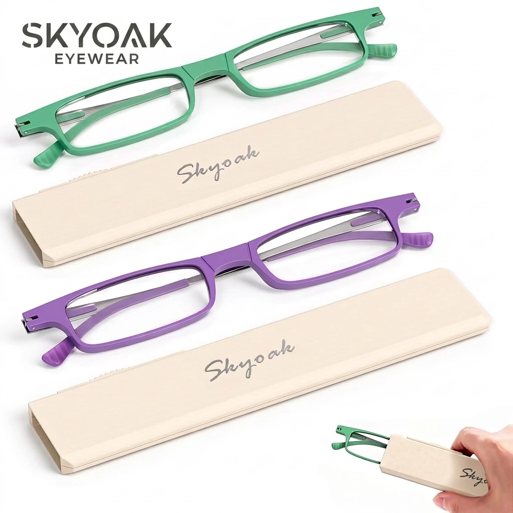 skyoak-2個セット-超薄型折りたたみ式リーディンググラス-女性用、tr90-軽量ブルーライトカットコンピューターメガネ-スリムケース付き