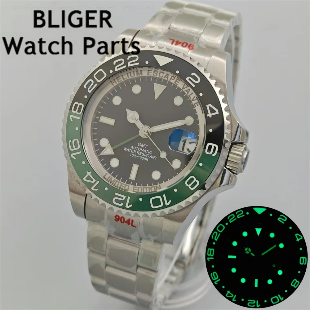 BLIGER 43mm Black Dial Green GMT Hands NH34 Automatic Watch For Men Steel Bracelet Green Luminous AR Coating Sapphire Glass