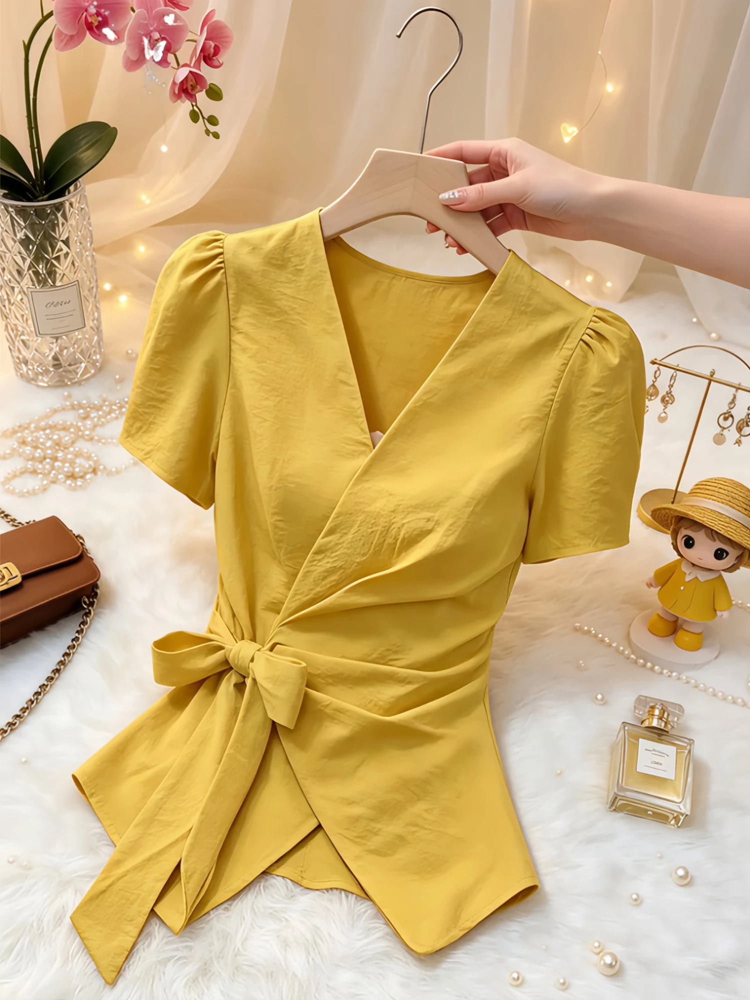 

Women's V-Neck Short Sleeve Shirt Bow Tie Asymmetrical Slimming Top Commute Style Loose Fit Breathable Skin-Friendly Casual S...