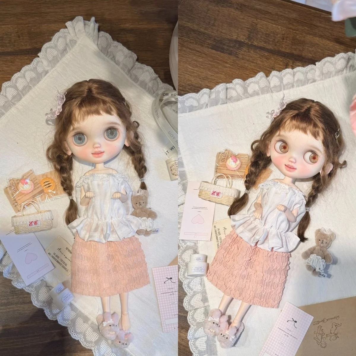 1/6 Azone Doll Clothes Accessories Sweet Strawberry Pudding-themed Off-the-shoulder Top + Pink Skirt For Blythe OB24 Azone