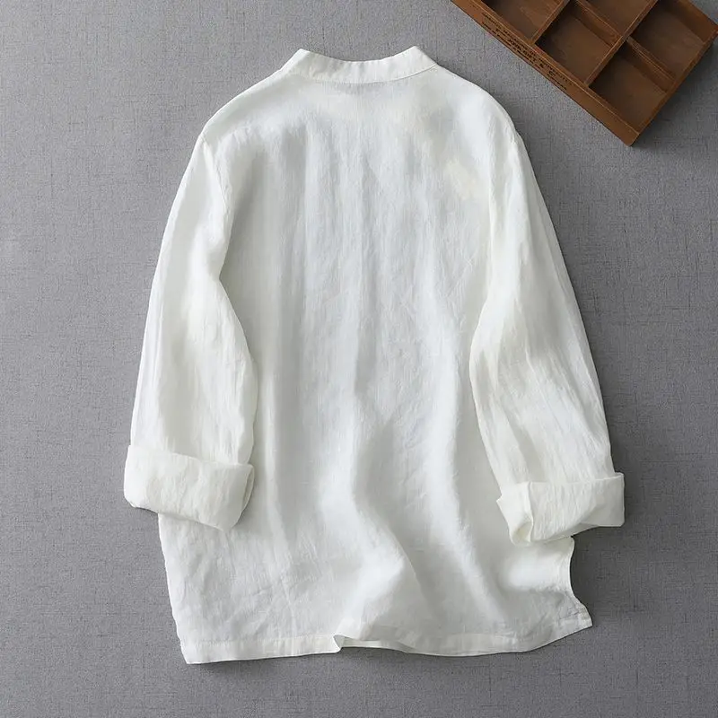 Zen‑Style White New Chinese Women Linen Cotton Blouse, Retro Stand Collar Frog‑Button Long Sleeve Top, Oriental Tea Clothing
