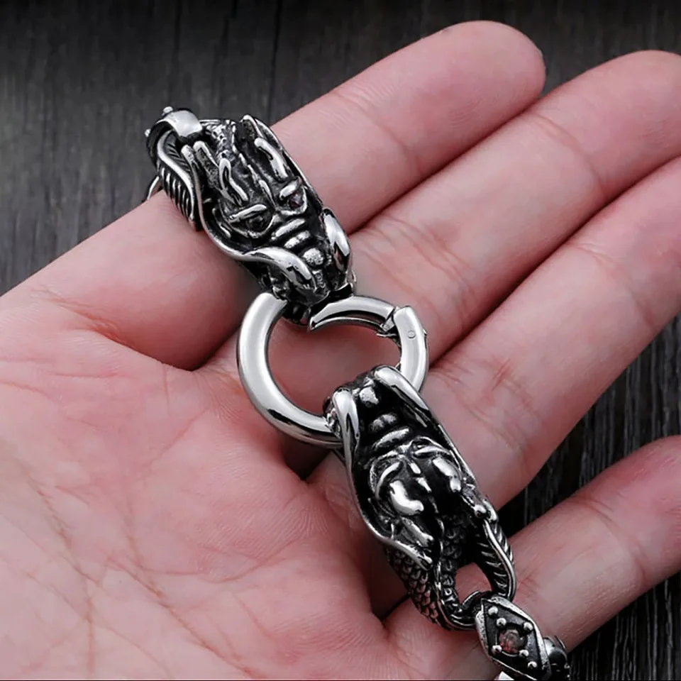 Vintage Domineering Stainless Steel Dragon Bracelet For Men Women Punk Fashion Red Stone Bracelets Party Jewelry Gifts Wholesale