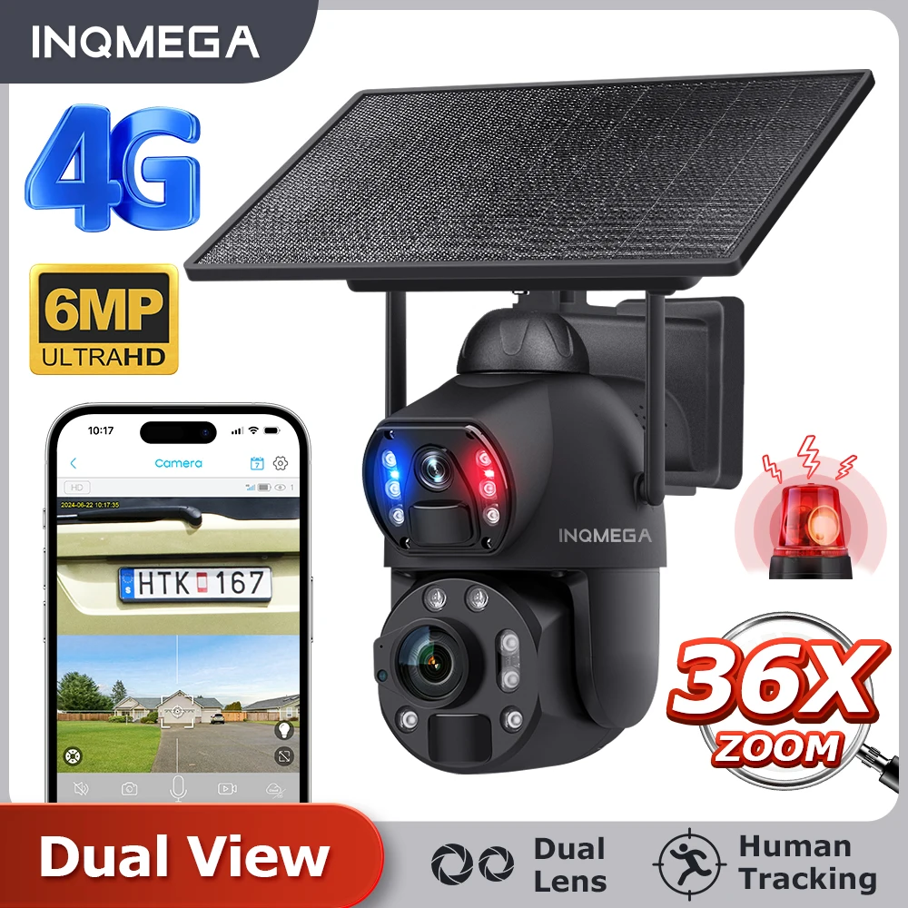 INQMEGA 6MP 36X Zoom  Dual View Solar Battery PTZ Camera Outdoor Wifi Solar Camera 4G Security Camera Night Vision