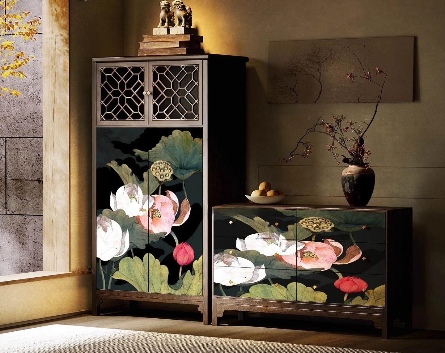 Solid wood carved wardrobe lotus picture storage drawer type