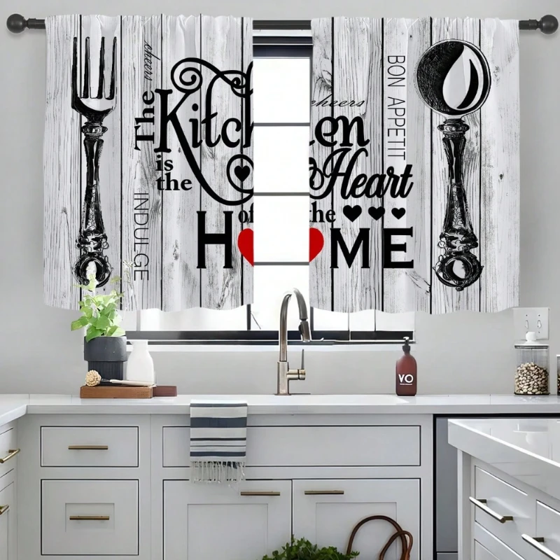 2pcs Fashion Minimalist Knife Fork Text Kitchen Window Curtains Easy Install for Bedroom Study Cafe Living Room Home Decoration