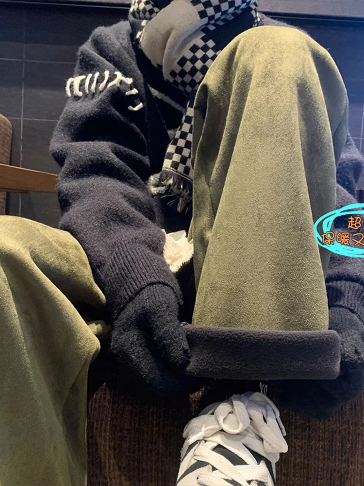 

Men's Winter Thiened Lamb Velvet Pants Loose Straight Leg Suede Casual Trousers Trendy Brand Comfortable Elastic Waist