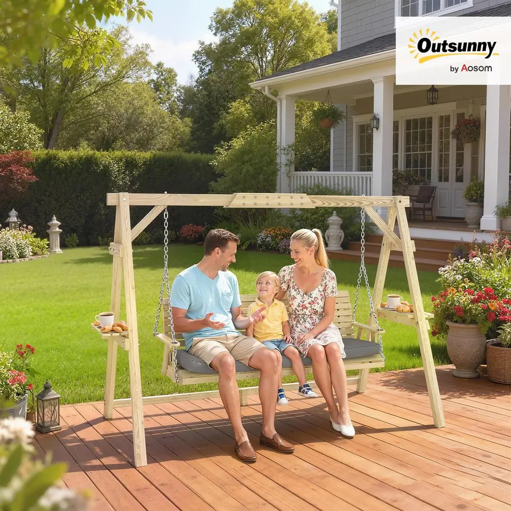 3 Seat Porch Swing with Stand Cushion Side Trays Natural Wood