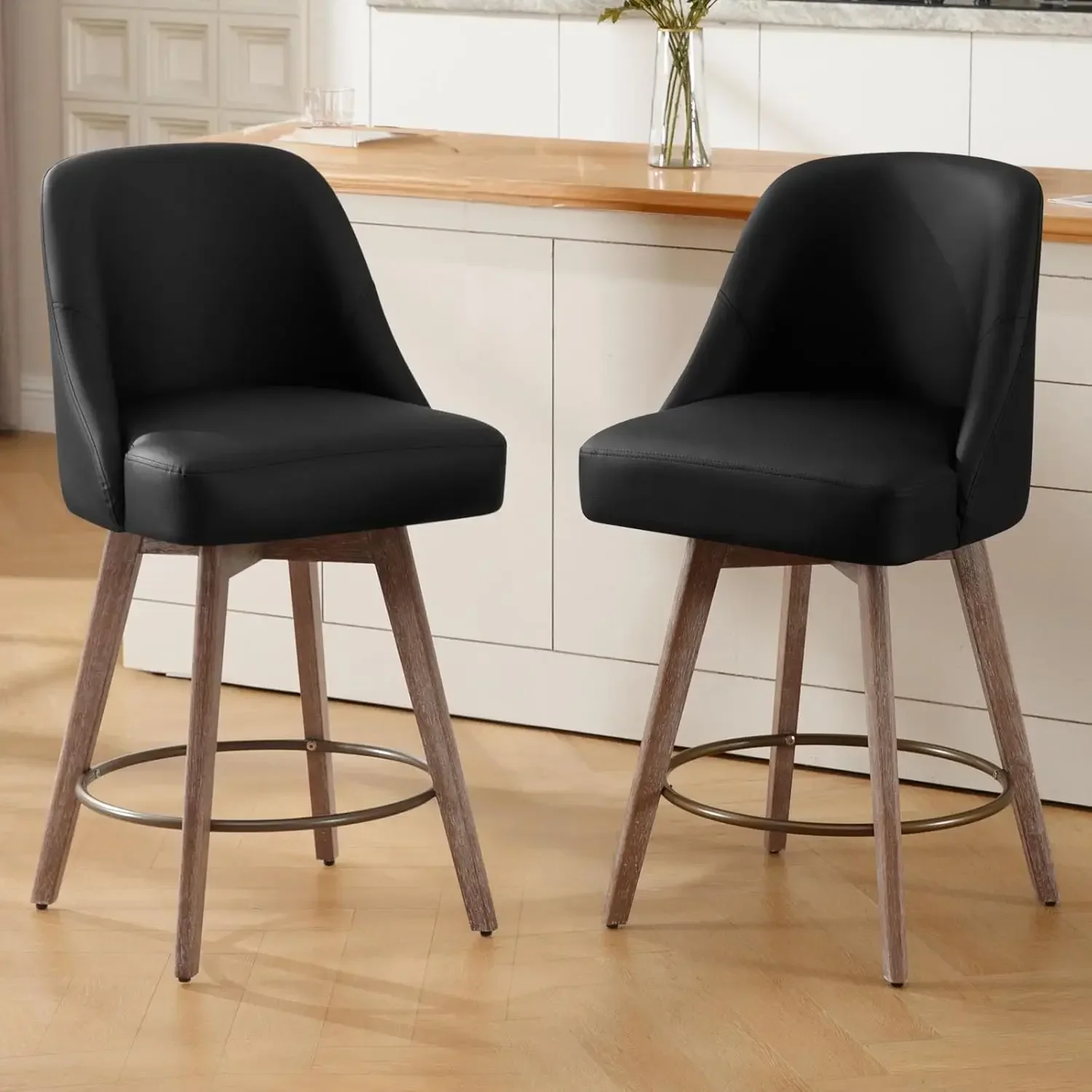 Counter Height Bar Stools Set of 2, Mid-Century Swivel Bar Chairs with Backs and Beech Wood Legs, 26 Inch Seat Height , Black