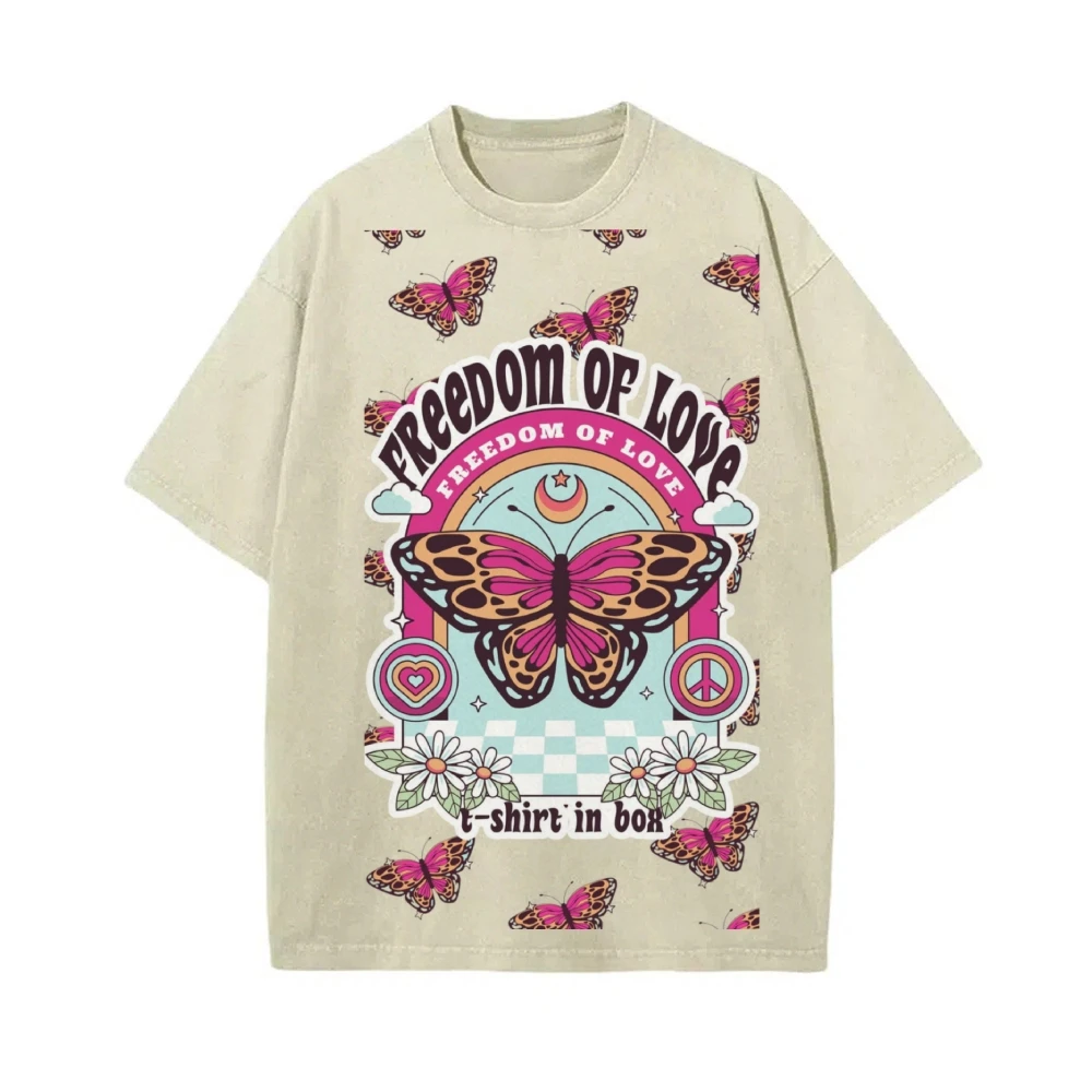 

Футболки с графическим рисунком, уличная футболка из хлопка премиум-класса, высококачественная потертая футболка большого размера. Тренд Y2K Boho Butterfly & «Freedom Of Love»