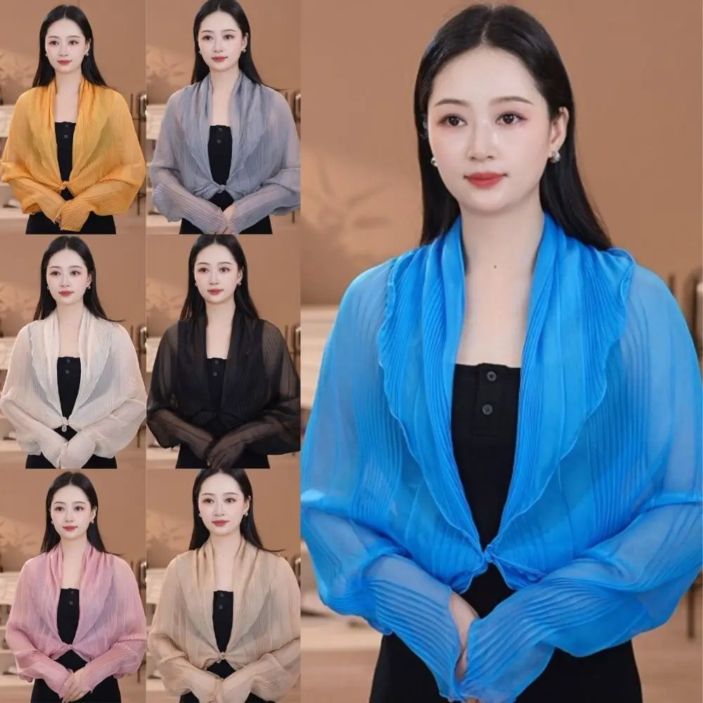 

Solid Color Sun Protection Top Thin Fabric Long Sleeve Sun Protection Shawl Polyester Material Round Neck Pleated Shawl