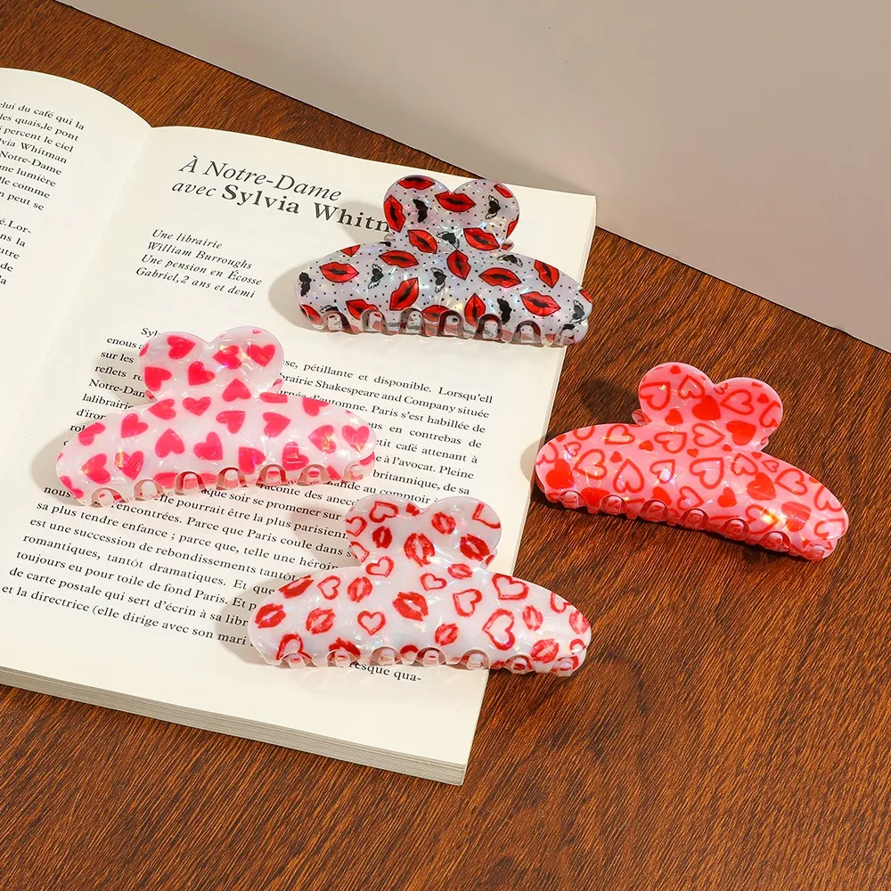 Heart Lips Print Acrylic Hair Claw Clip, Valentine Style Hair Jaw Clips Fashion Hair Holder For Women Daily Hairstyle Decor