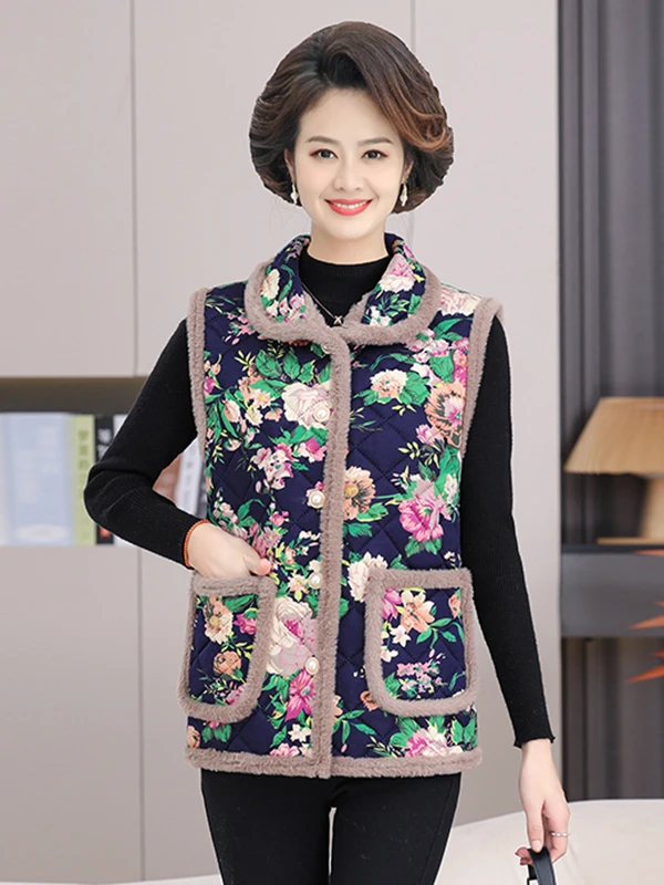 

Утепленный флисовый жилет с цветочным принтом и воротником-стойкой для женщин среднего и старшего возраста, модная теплая одежда для беременных с растительным цветочным узором