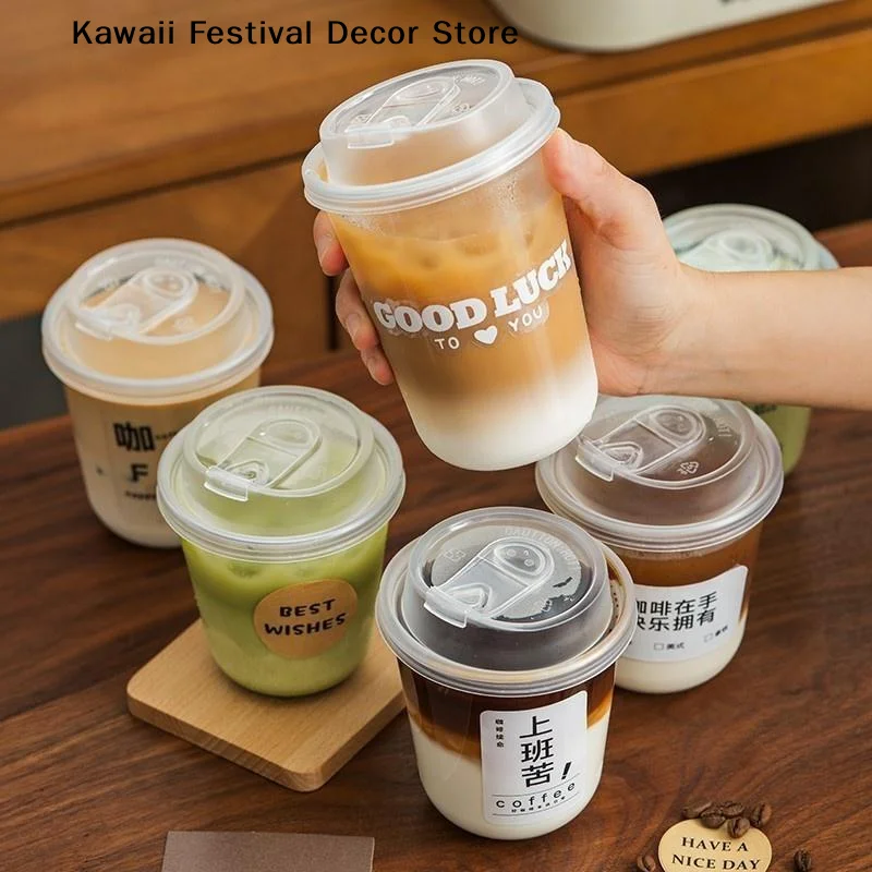 【K】10pcs Transparent Coffee Cups With Lids U-shaped Disposable Cups For Hot Drink Milk Tea Takeaway Beverage Cups