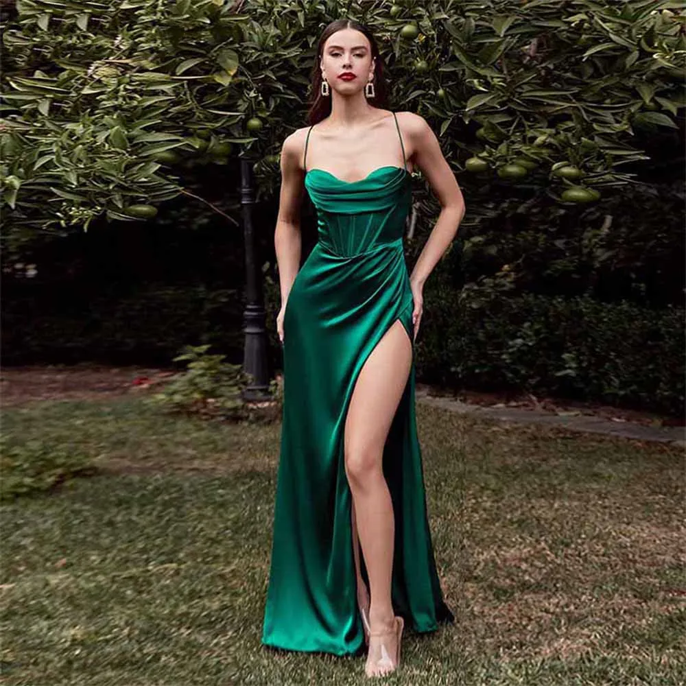 

Vinca Sunny Sexy Green Satin Sweetheart Split Evening Dress vestidos de noche Spaghetti Straps Prom Party Gown robes de soirée