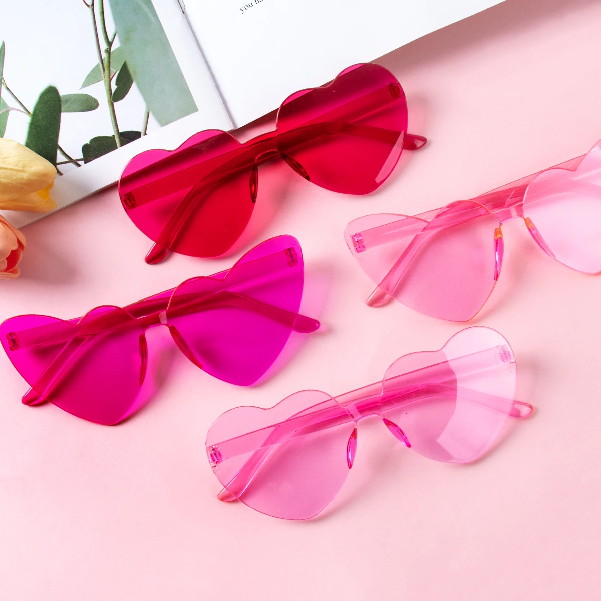 6-12pcs Heart Shaped Sunglasses Pink Rimless Fun Glasses for Hen Bachelor party Wedding Gift Girls Summer Traveling Photo Prop