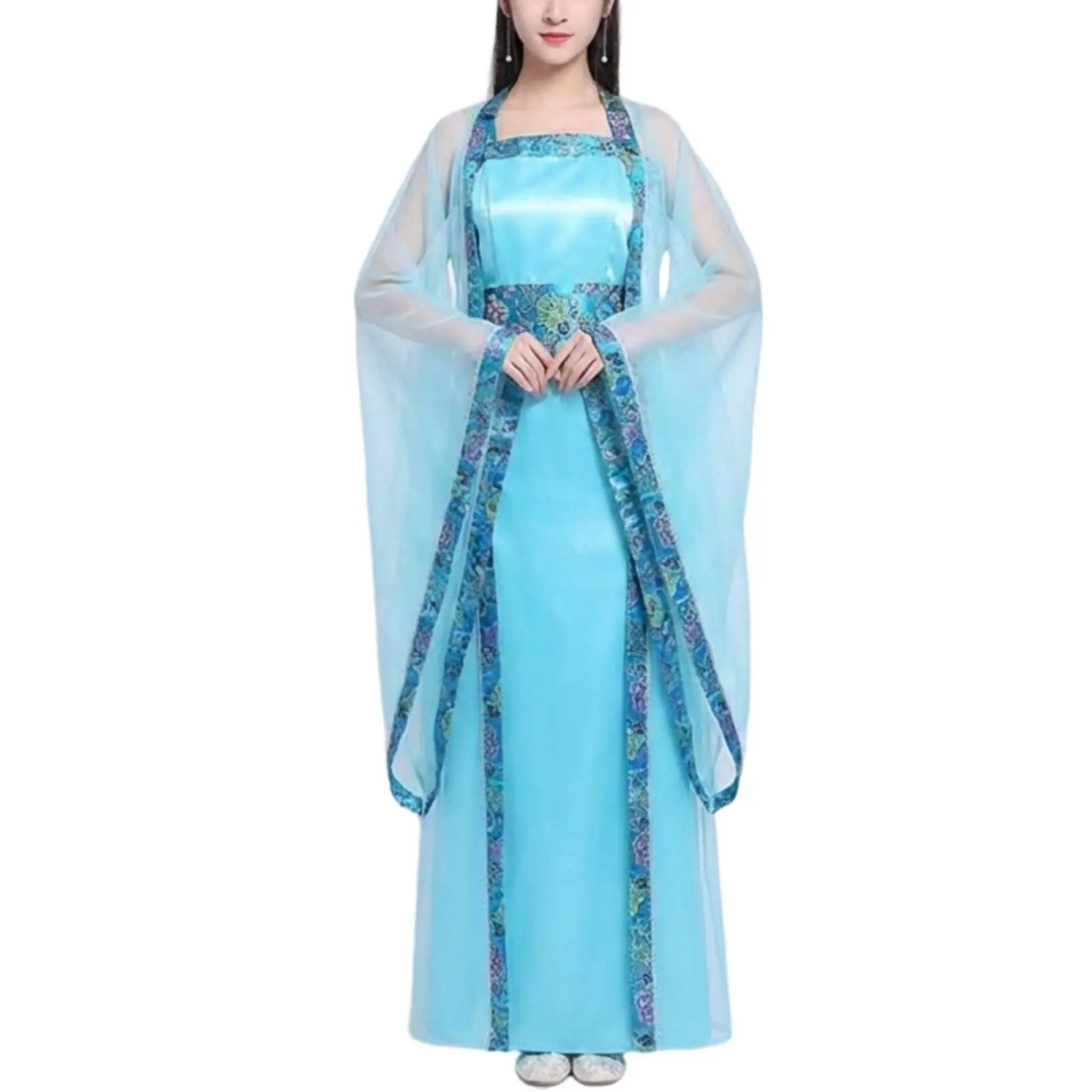 

Комплект из 3 предметов: Костюм для сценических выступлений в стиле народной культуры с широкими рукавами, Древний китайский костюм феи, струящийся дизайн