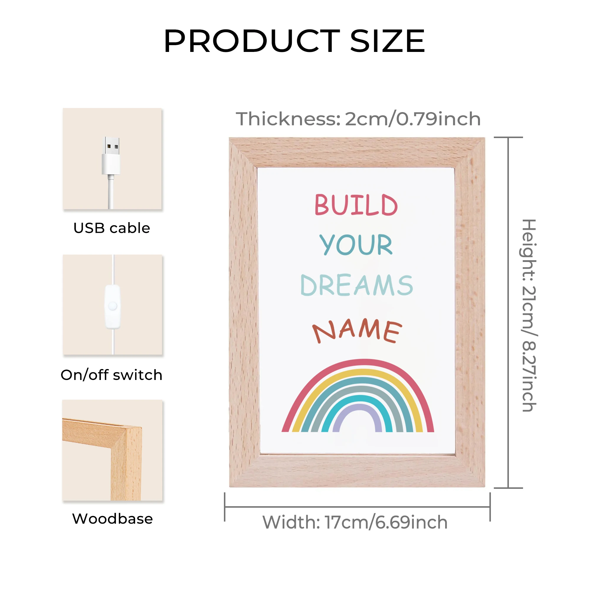2D Flat Custom Name Rainbow LED Acrylic Night Light Wood Photo Frame 21x17cm Cartoon Children's Bedroom Gifts Home Decor