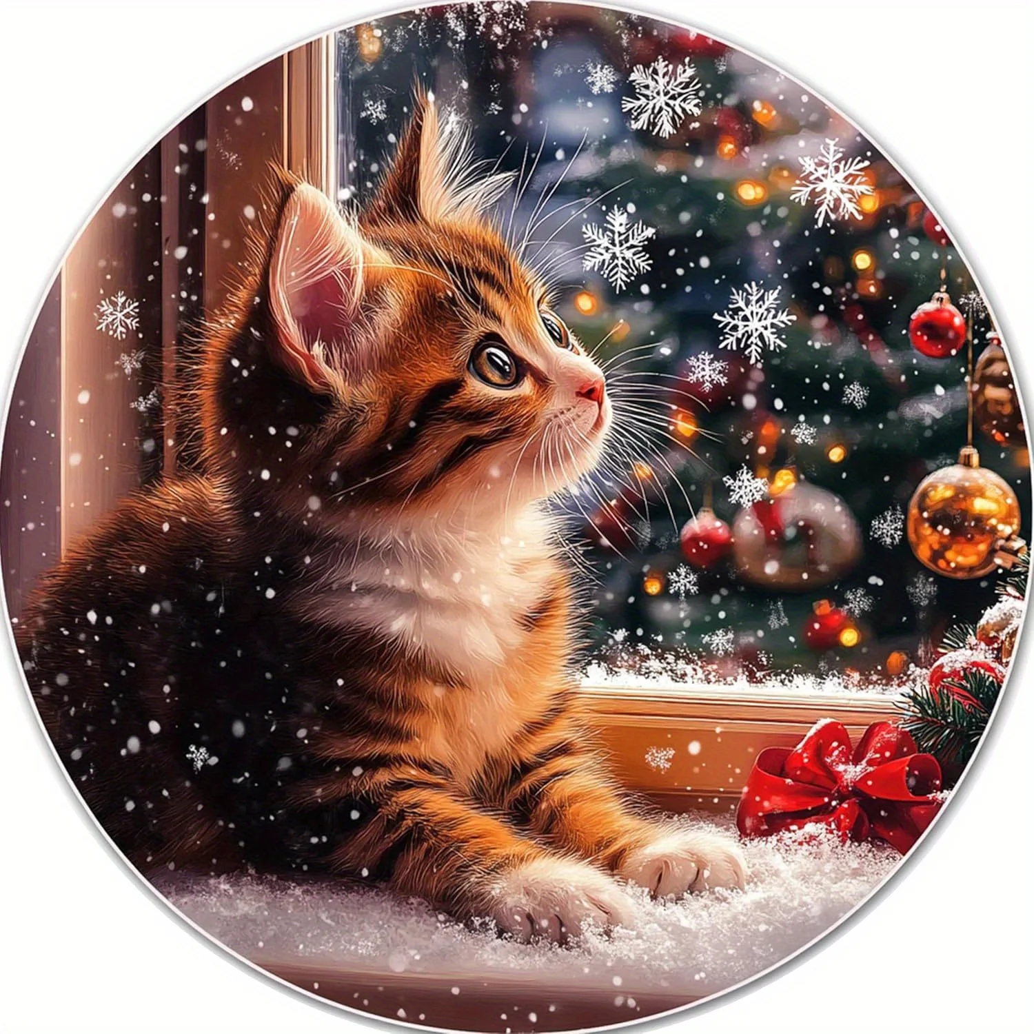 2D flaches, 2D flaches Weihnachts-Metallschild – süße Katze mit verschneitigem Weihnachtsbaum und rotem Band, 20,3 x 20,3 cm große Aluminium-Wanddekoration für Zuhause,