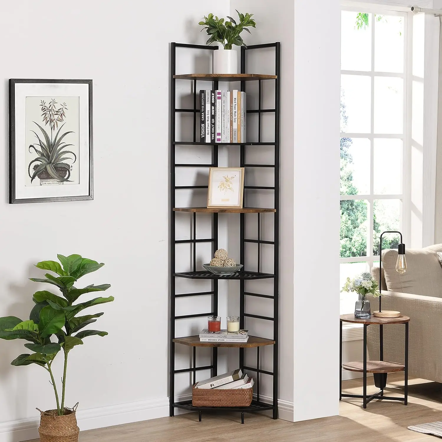 Industrial 6-Tier Pentagon Corner Bookshelf, Rustic Bookcase Storage Display Organizer Storage Stand for Home Office