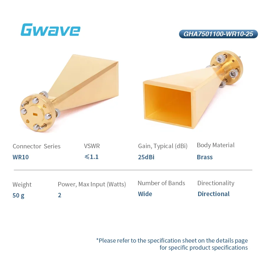 WR-10 W Band 75 to 110 GHz Rectangular Standard Gain Horn Antenna 25dBi Typical Gain RF Antennas