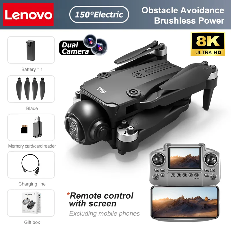 Lenovo D18 Drohne 8K Aerial HD Dual-Kamera Intelligente Hindernisvermeidung Bürstenlose Leistung 5G WIFI Bildschirm Fernbedienung GPS Drohne