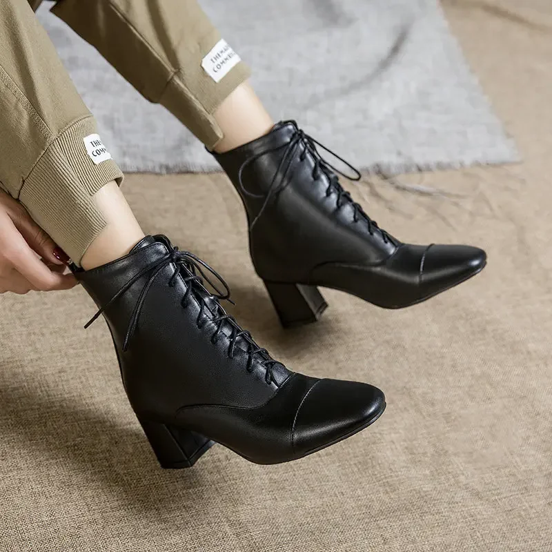 Autumn Winter New Ankle Boots Women Sewing PU 5.5CM Square Toe Lace Up Velvet Office Career Lady Concise Women Shoes Black