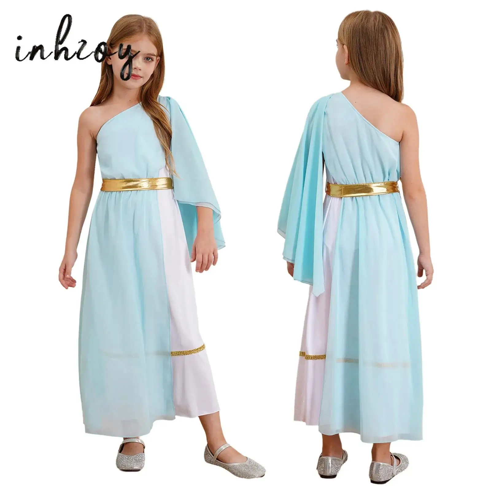 

Halloween Grecian Girl Costume One Shoulder Sleeveless Robe with Tulle Cape Dress Up Set Roman Toga Ancient Greek Princess Dress