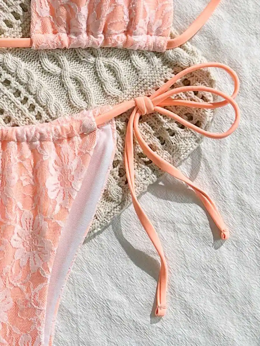 

Women 3-Piece Lace Triangle Bikini Set With Adjustable Straps For Beach Vacation