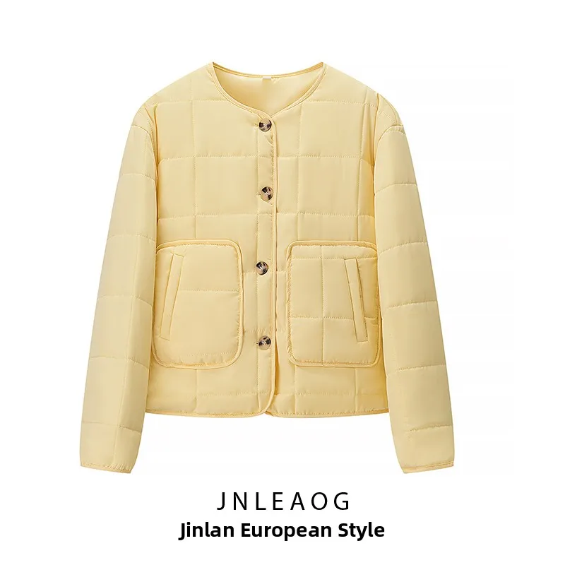 JNLEAOG Faionable Plaid Cotton Jaet Women's Autumn New Sle Commute Straight Tube Long Sve round Ne Single Button