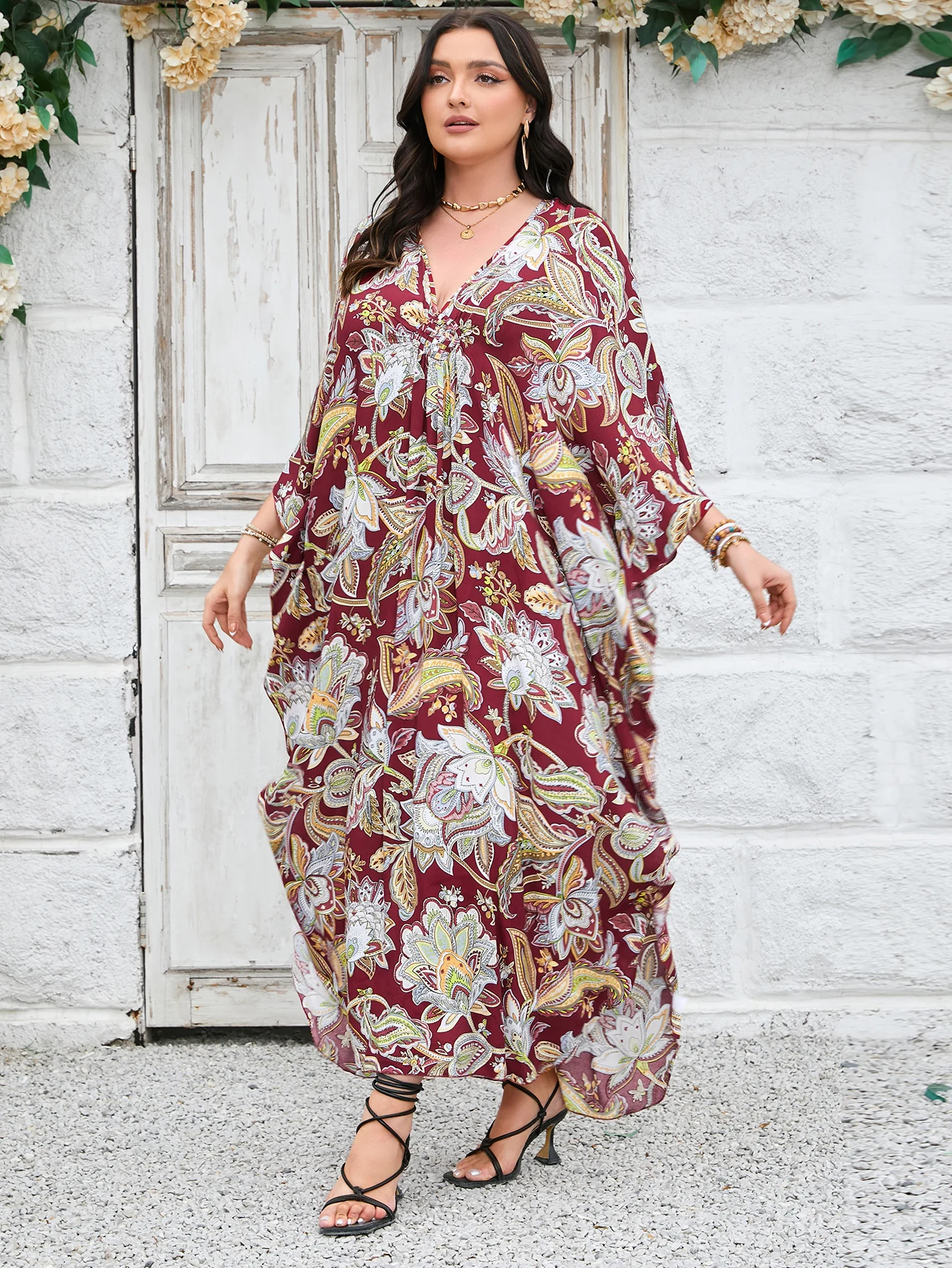 

Women's Plus Size Boho Paisley Floral Kaftan Maxi Dress, V Neck Batwing Half Sleeve Ruched Front Long Caftan, Loose Oversized Si
