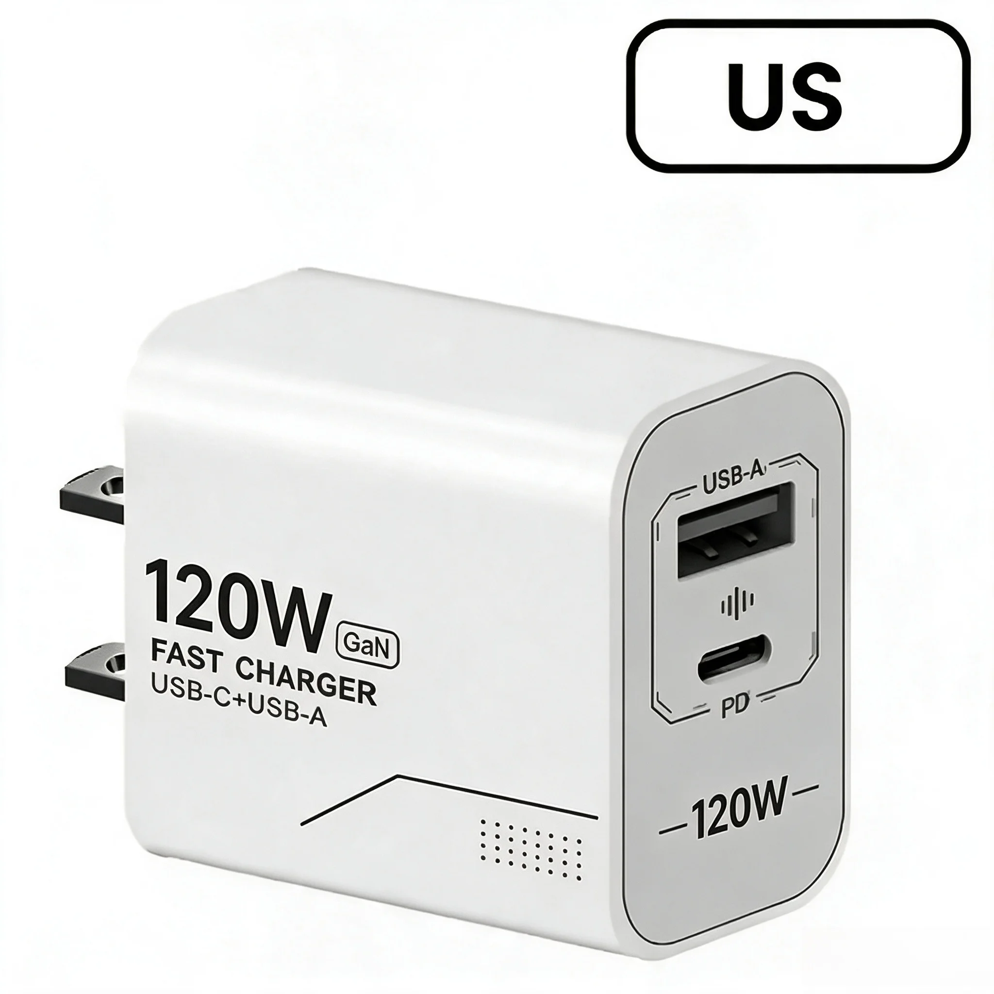 120W GaN USB-C oplader met 2 poorten, snelladen, telefoonoplader, voedingsadapter voor iPhone, Samsung, Xiaomi, type C, Amerikaanse stekker, wandlader