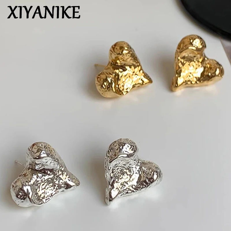 XIYANIKE Concave Convex Uneven Heart Ear Stud Piercing Earrings For Women Girl Fashion New Jewelry Accessories Gift Party