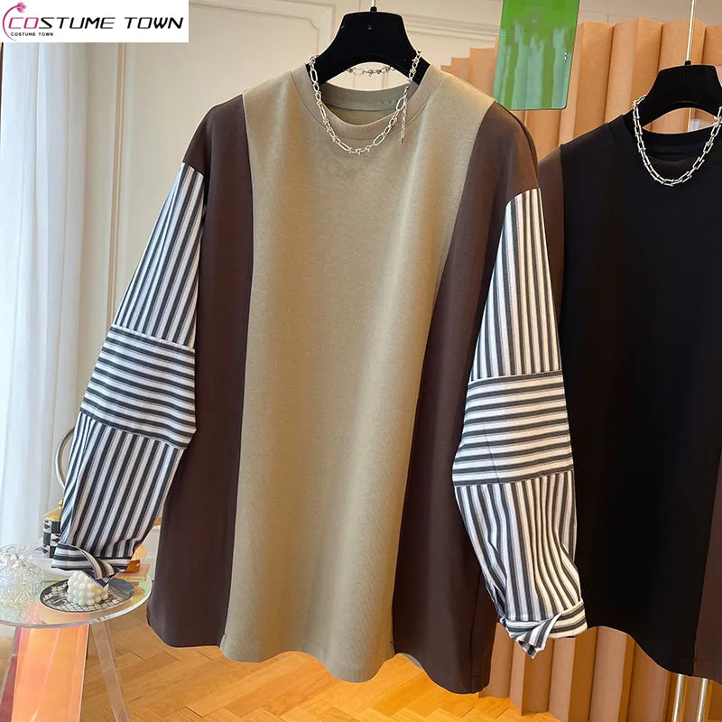 

Spring and Autumn Korean New Women's Fashion Striped Splicing Loose Fit Top