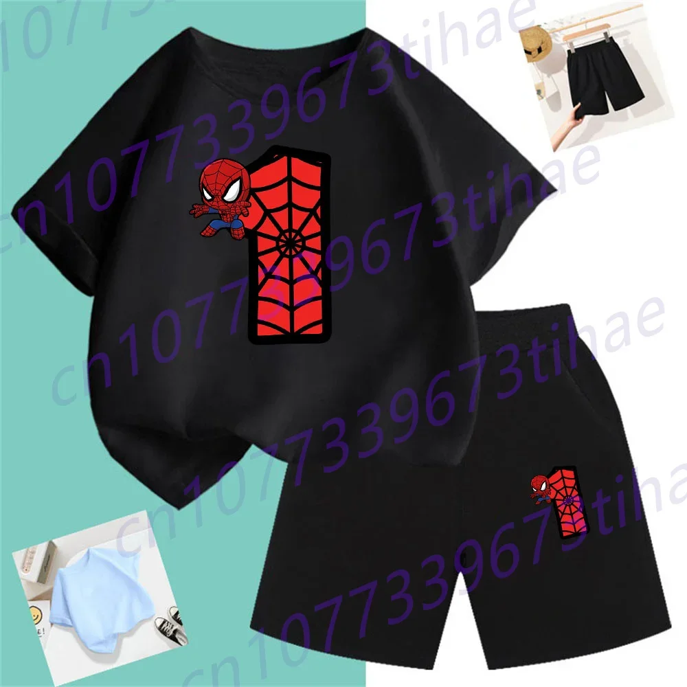 2024 New Summer T-shirt Set Cartoon Spider-man Children Lucky Number 0 - 9 Kawaii Boys And Girls t shirt Top + Pants 2-piece Set