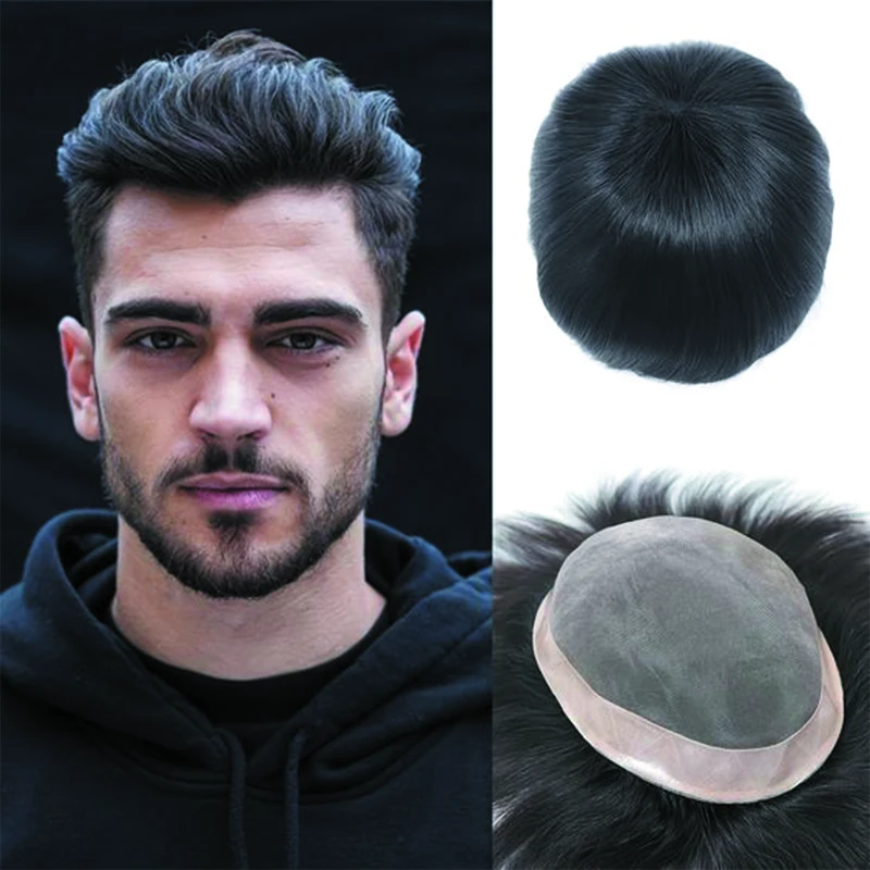 Durable Straight Mono Base Lace With PU Male Toupee Breathable Real Human Hair System Hairpiece Prosthesis Natural Hair