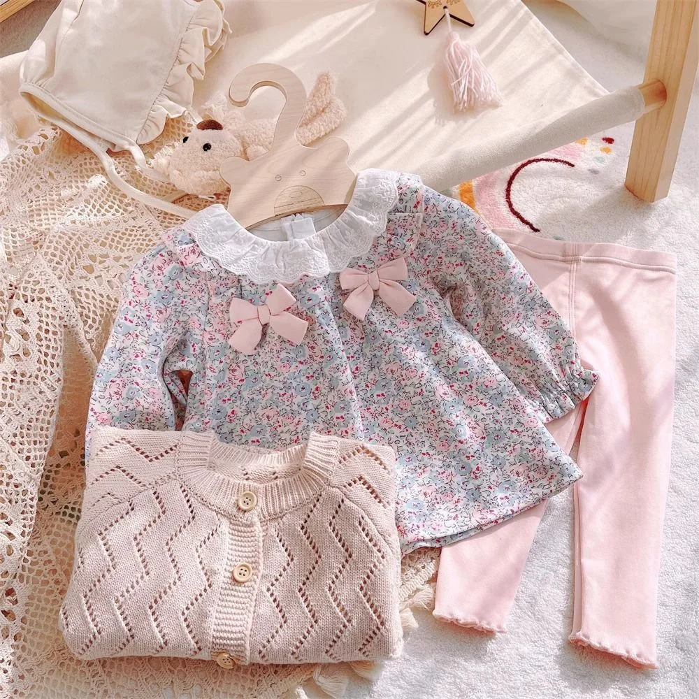Spring and Autumn Girls' Set Baby Western Style Children's Sweet Countryside Fragmented Lace Butterfly Bow Shirt Pants