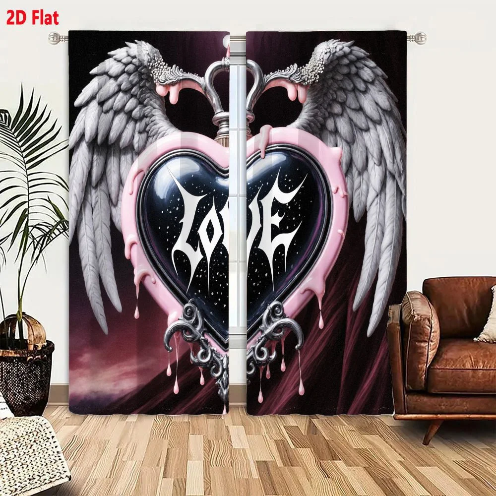2Pcs Curtains 2D Flat Gothic Dark Romantic Artwork - Heart Frame with Starry Core 