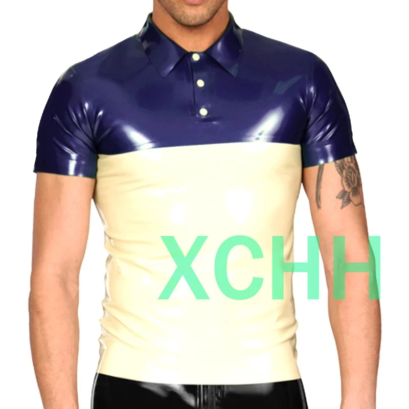 

Sexy Latex Shirt Rubber Top Purple and White Trims for Men Wear