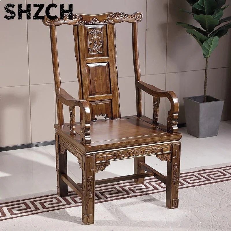 Solid Wood Dining Chair New Chinese Style Closed Back Living Room Seat Elm Home Furniture