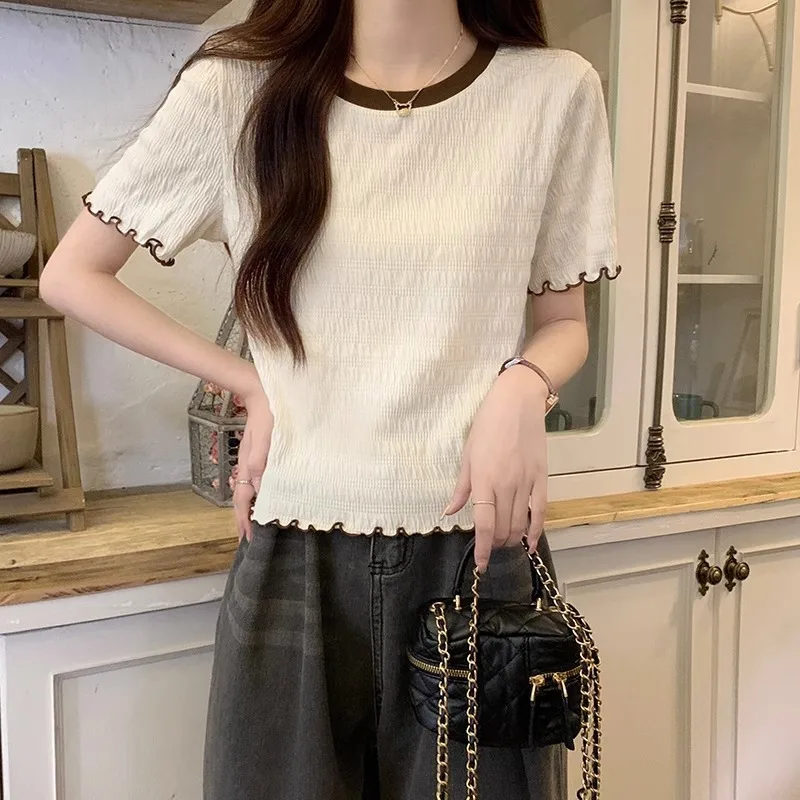 Women's Ruffled Trim Textured Short-Sleeve Top, Round Neck Color Block Cropped T-Shirt, Casual Smocked Knit Tee