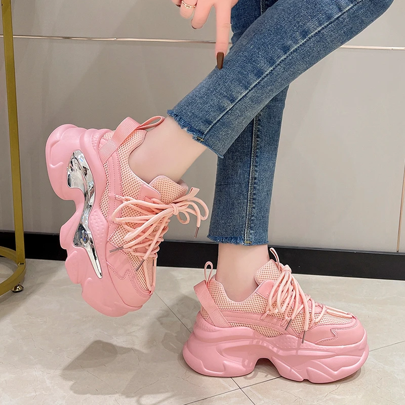 New Platform Mesh Sneakers 7.5CM Women Breathable Tennis Female Vulcanized Shoes Spring Chunky Sneakers Sports Dad Shoes Woman