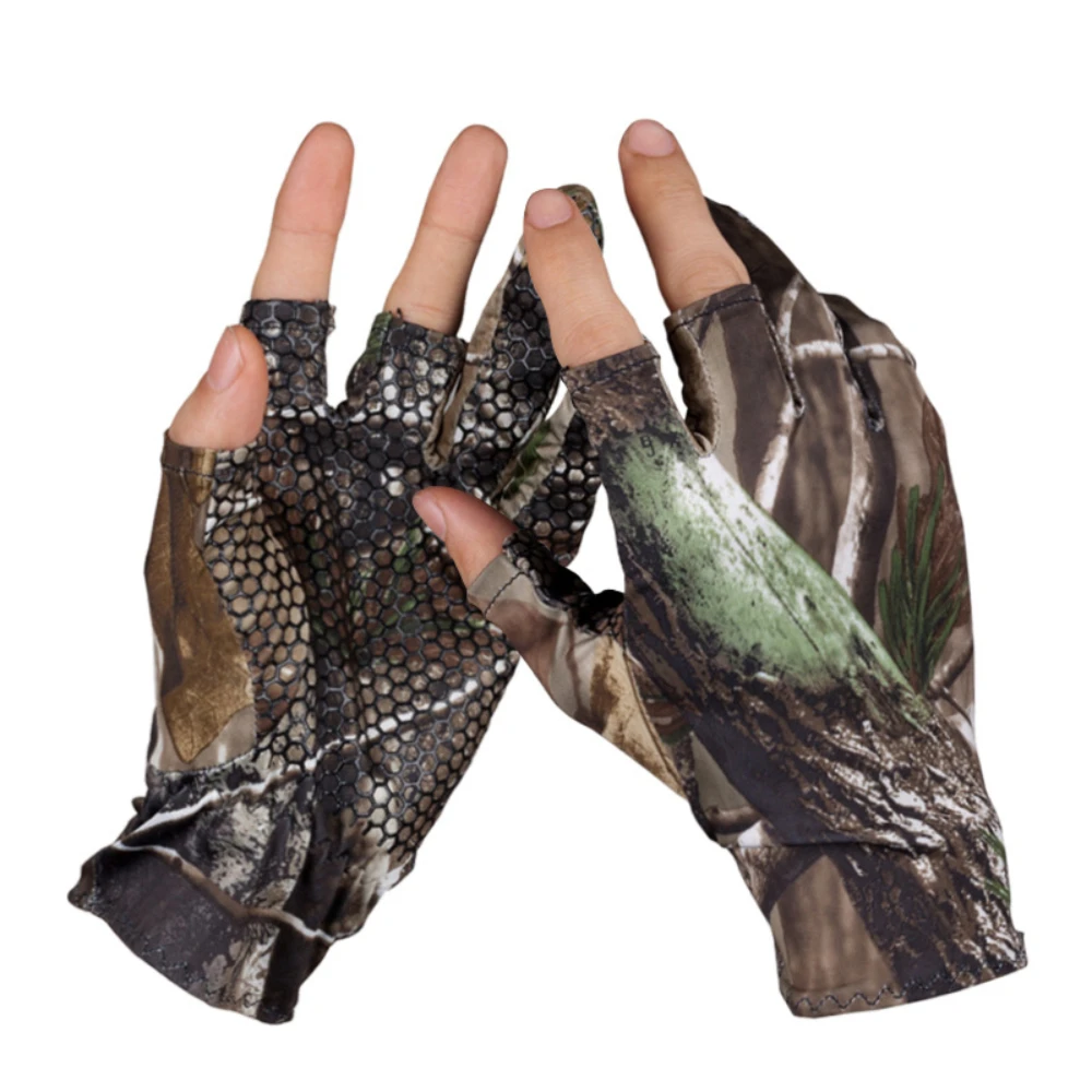 Camo Fishing Gloves Camouflage Anti-Slip Elastic Thin Mitten 3 Fingers Cut Camping Cycling Hunting Half-Finger Gloves Camouflage