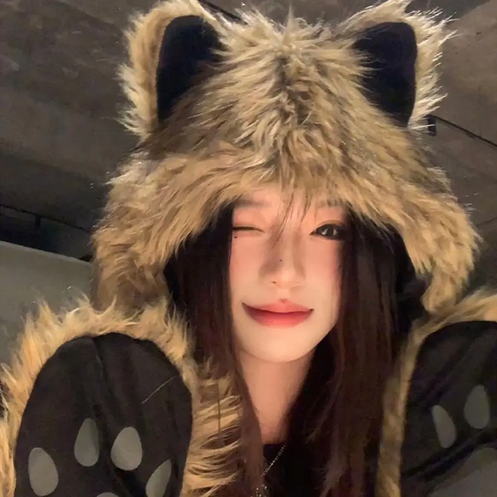 Cute Women Winter Hat Windproof Thick Warm Warm Pullover Snood Hat Ear Protection Collar Bonnet Bear Cap Autumn Winter