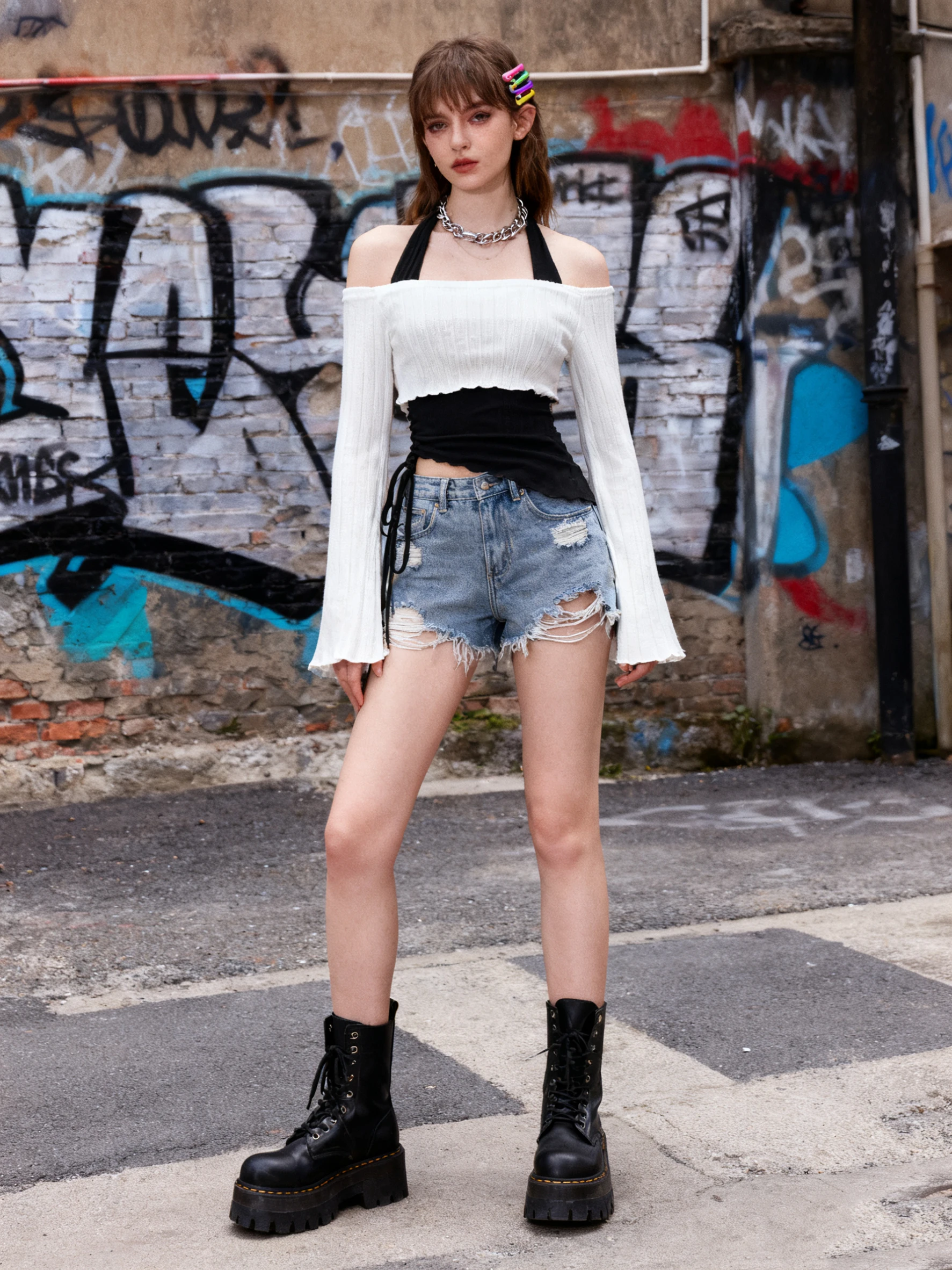 

Autumn/winter European/American INS style retro street fake two women's T-shirts solid color irregular spicy girl trend top