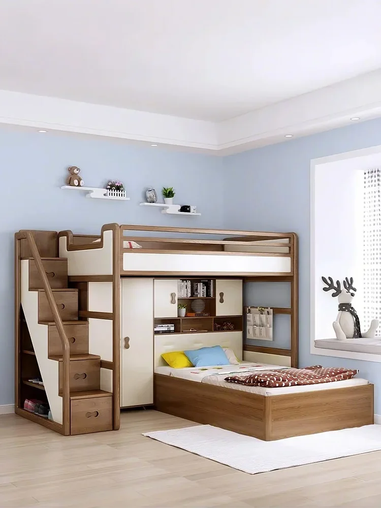Solid wood small apartment with wardrobe and bunk bunk beds, adult upper beds with desks below, children's beds