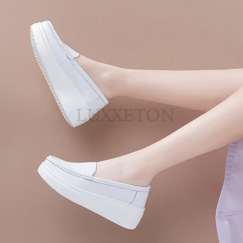 Genuine Leather Nurse Shoe Small White Shoes Women Border New Comfortable Slope Heel Thick Sole Single Shoes Medical Shoes