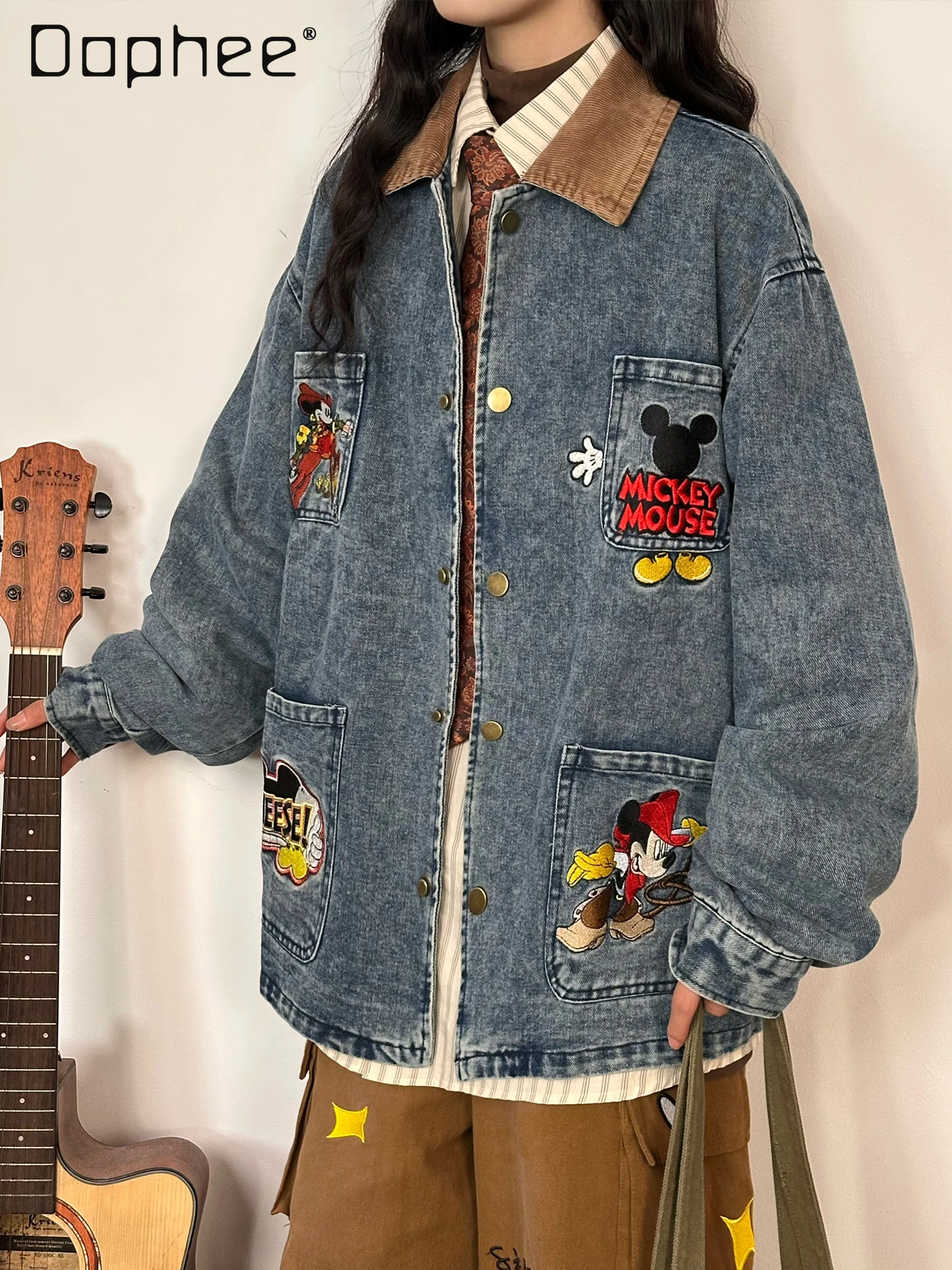 

American Retro High Street Embroidered Cartoon Denim Jacket for Women Spring and Autumn Unisex Turn-Down Collar Jacket Top