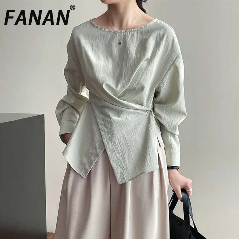 

FANAN Fashion Bandage Gathered Waist Shirts For Women Round Neck Long Sleeve Fit Blouses Tide Tops 2025 Spring Autumn New
