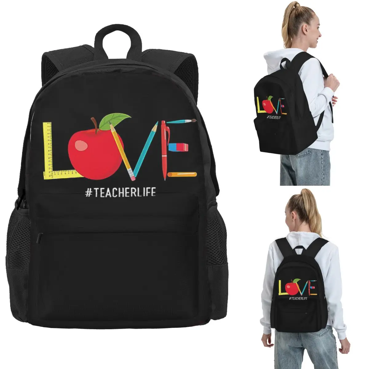 

Рюкзаки-карандаши Love Teacher Life Apple, сумка для книг для мальчиков и девочек, большая вместительная школьная сумка для студентов, рюкзак для ноутбука, сумка на плечо