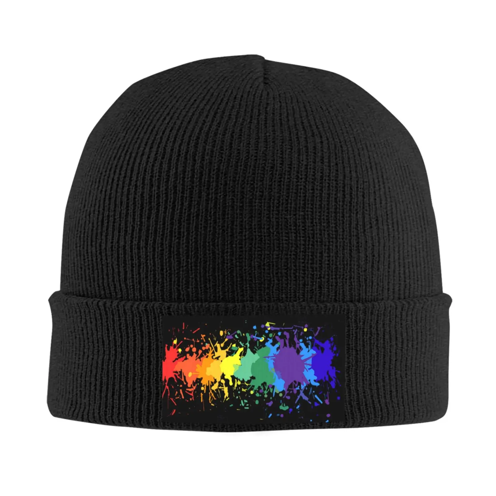 Rainbow Paint Splash Print Knitted Beanie Hat Men Women One Size Winter Warm Soft Stretch Knit Cap Outdoor Daily Headwear